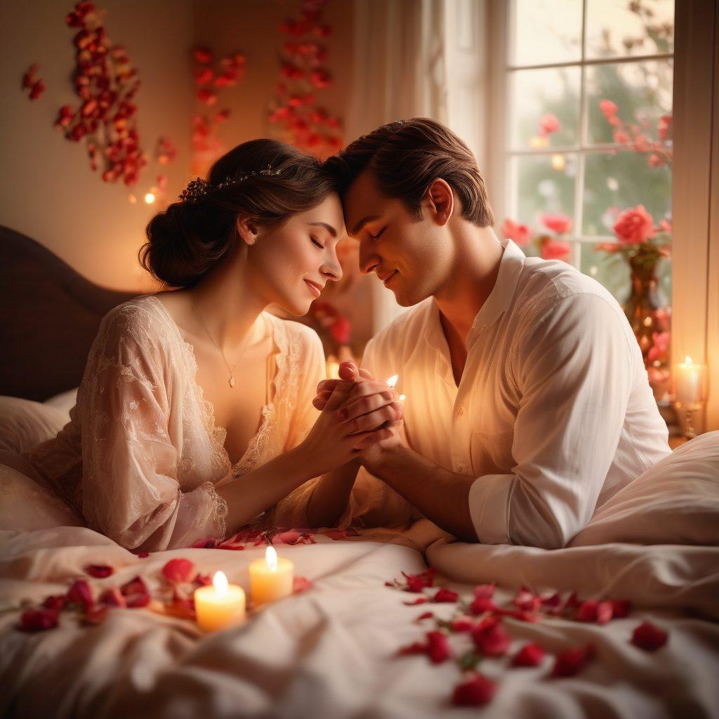 A soft-lit, intimate setting featuring a couple gently embracing, surrounded by warm candlelight and rose petals on a cozy bed. Delicate details of their intertwined hands and soft smiles are captured, with a serene atmosphere evoking tenderness and passion. The background includes subtle floral motifs and a hint of twilight outside the window. super-realistic. warm tones. soft focus.
